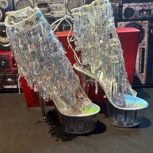 Pleaser Silver Sequin Fringe Women's Heels Ankle Boots